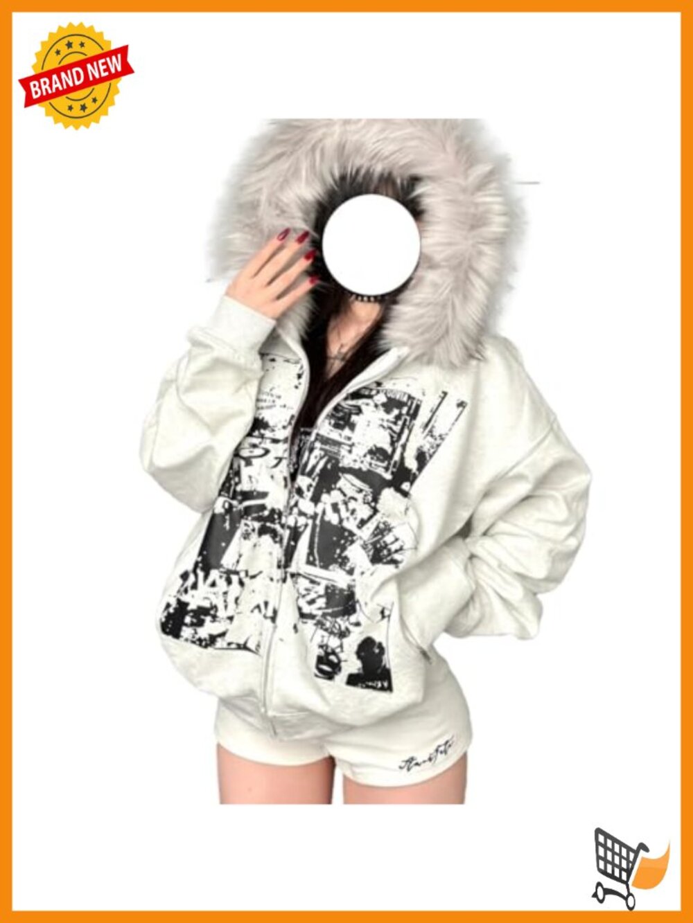 Y2K Grunge Faux Fur Hoodie Zip Up Punk Gothic Graphic Jacket